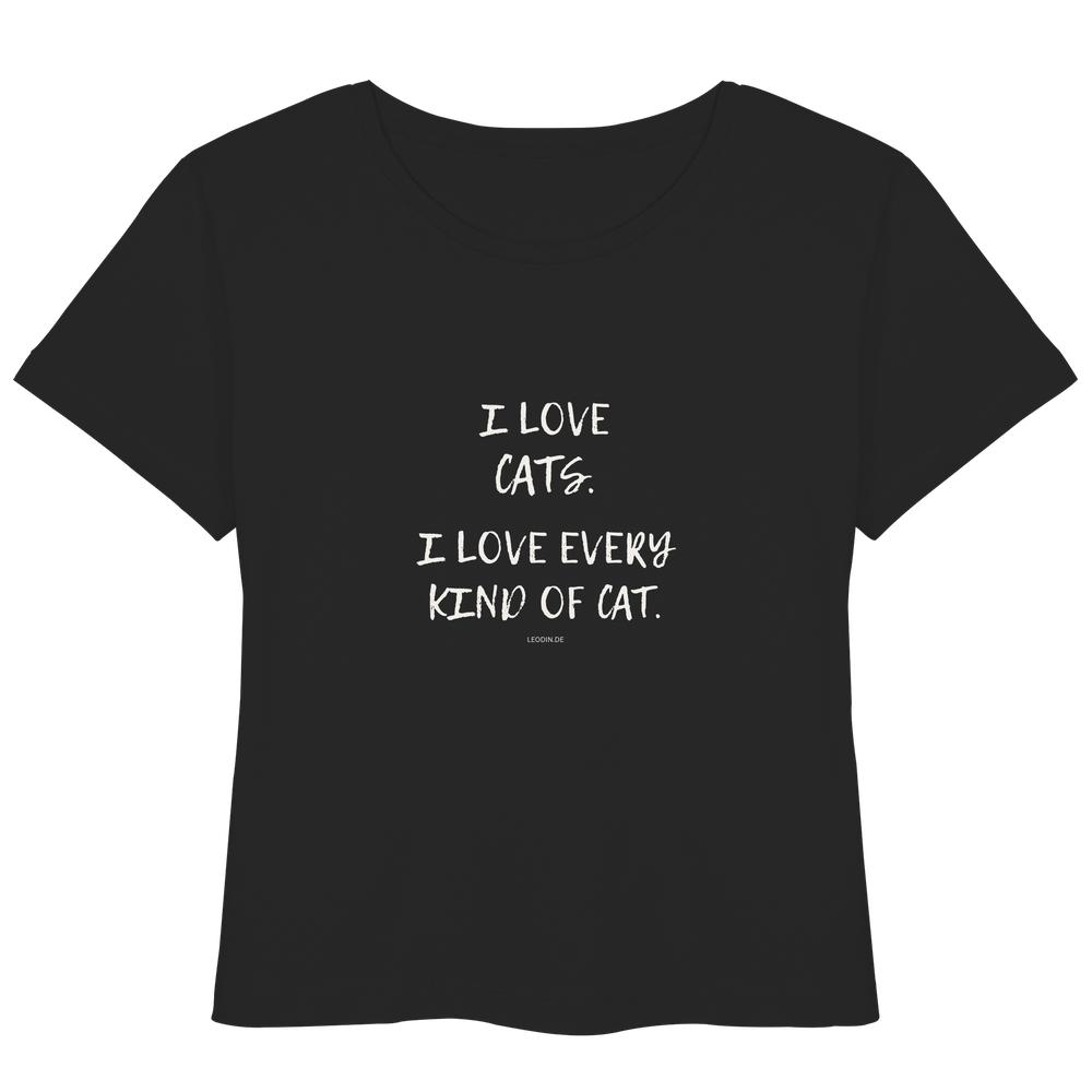 schwarzes Katzenliebhaber Shirt mit Aufdruck „I love every kind of cat“ aus Bio-Baumwolle