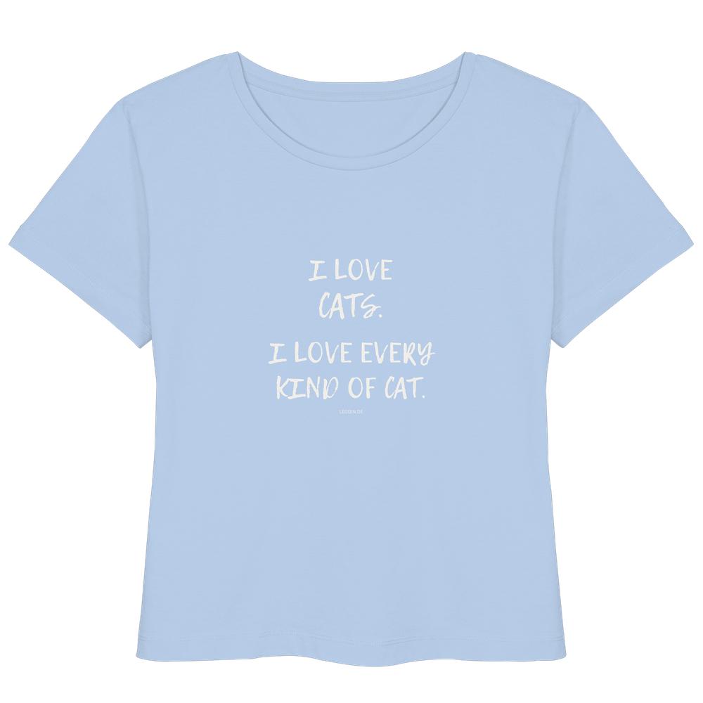 taubenblaues Katzenliebhaber Shirt mit Aufdruck „I love every kind of cat“ aus Bio-Baumwolle