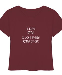 bordeauxfarbenes Katzenliebhaber Shirt mit Aufdruck „I love every kind of cat“ aus Bio-Baumwolle