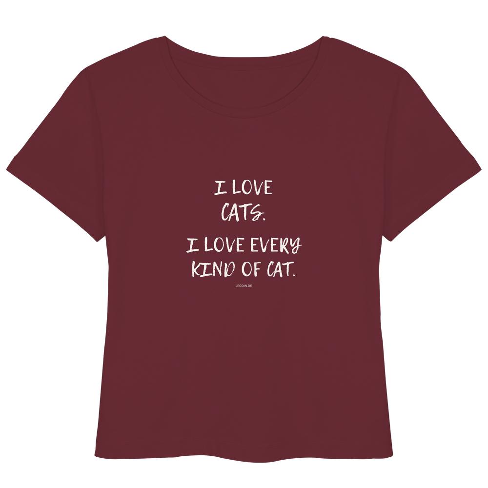 bordeauxfarbenes Katzenliebhaber Shirt mit Aufdruck „I love every kind of cat“ aus Bio-Baumwolle