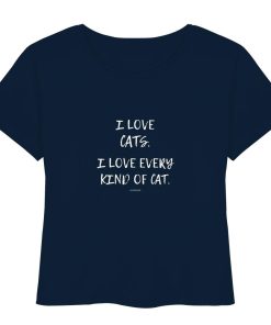 dunkelblaues Katzenliebhaber Shirt mit Aufdruck „I love every kind of cat“ aus Bio-Baumwolle