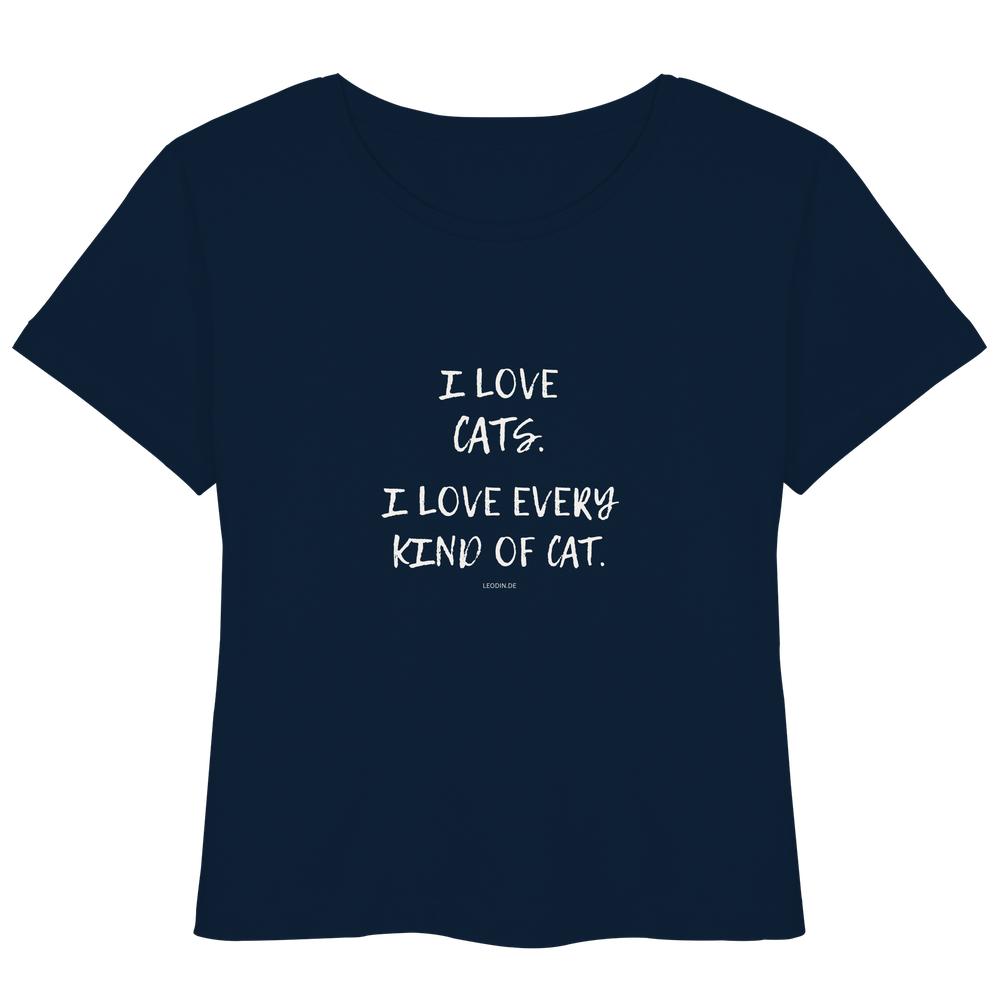 dunkelblaues Katzenliebhaber Shirt mit Aufdruck „I love every kind of cat“ aus Bio-Baumwolle