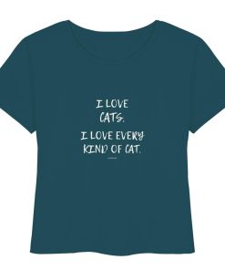 petrolblaues Katzenliebhaber Shirt mit Aufdruck „I love every kind of cat“ aus Bio-Baumwolle