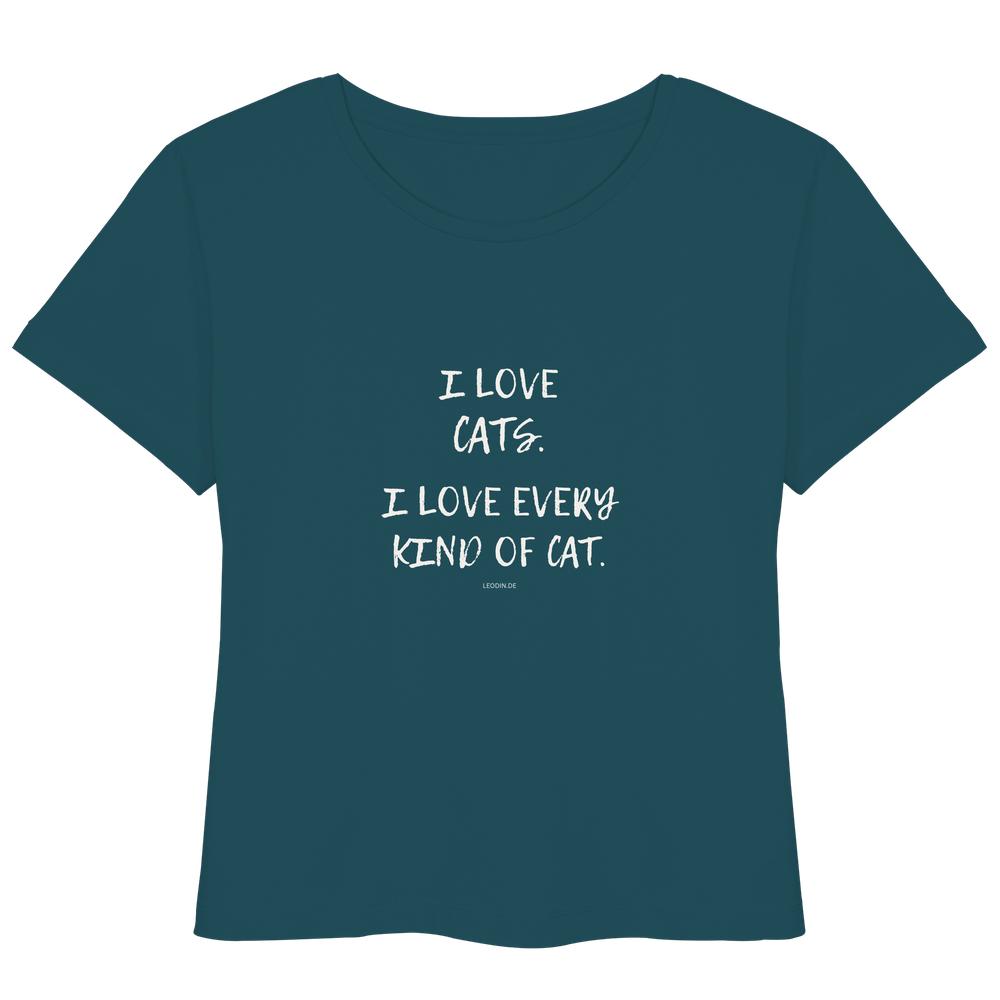 petrolblaues Katzenliebhaber Shirt mit Aufdruck „I love every kind of cat“ aus Bio-Baumwolle