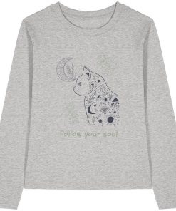 Graues Katzen Longsleeve Damen mit spirituellem Design und Katze