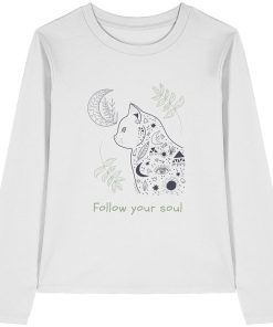 Weißes Katzen Longsleeve Damen mit spirituellem Follow Your Soul Motiv
