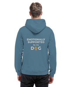 Graublauer Hunde Hoodie an Mann mit Emotionally Supported Rückenprint