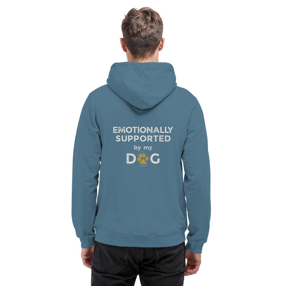 Graublauer Hunde Hoodie an Mann mit Emotionally Supported Rückenprint