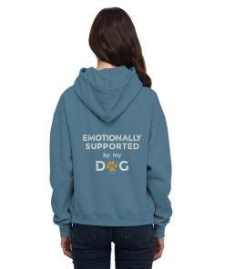 Graublauer Hunde Hoodie an Frau mit Emotionally Supported Rückenprint