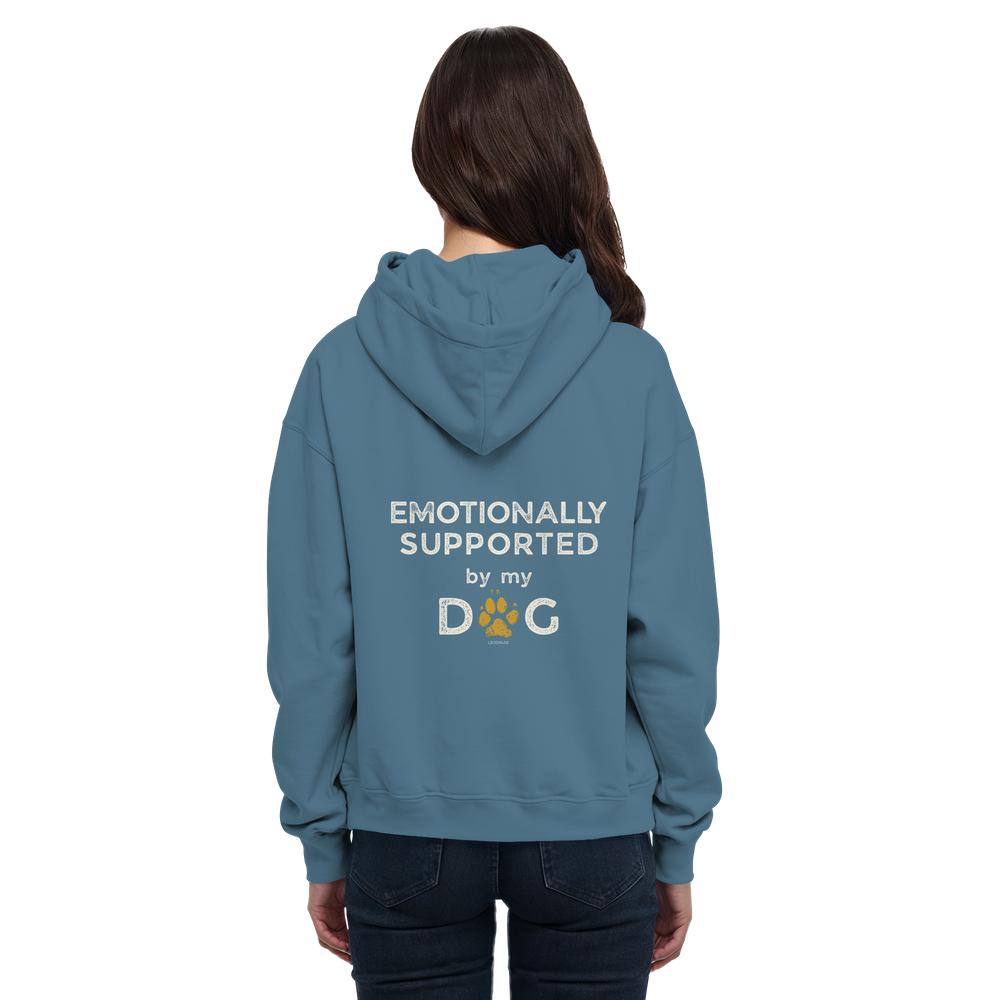 Graublauer Hunde Hoodie an Frau mit Emotionally Supported Rückenprint