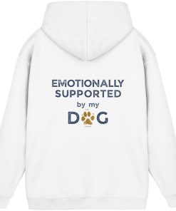 Weißer Hunde Hoodie mit Emotionally Supported by My Dog Rückenprint