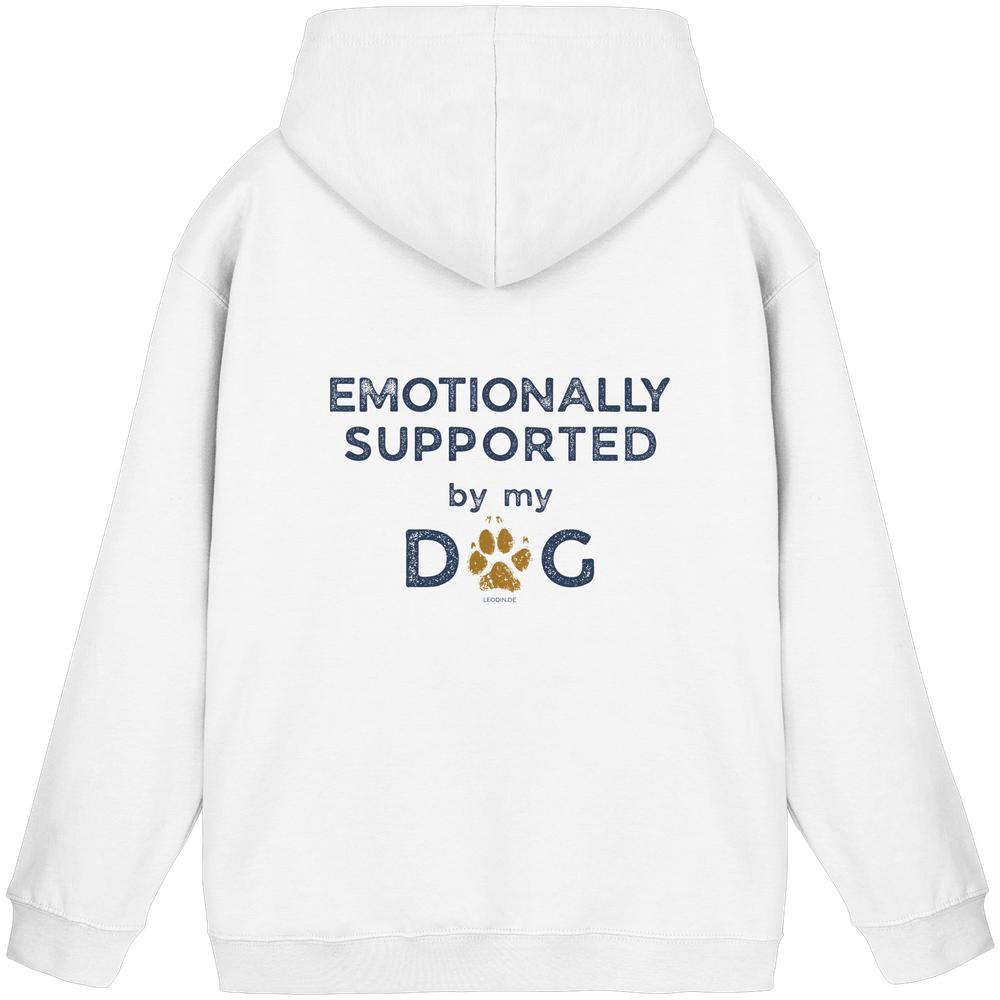 Weißer Hunde Hoodie mit Emotionally Supported by My Dog Rückenprint