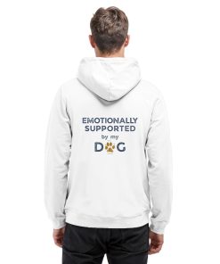 Weißer Hunde Hoodie an Mann mit Emotionally Supported Rückenprint
