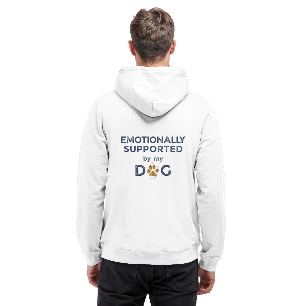 Weißer Hunde Hoodie an Mann mit Emotionally Supported Rückenprint