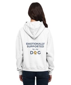 Weißer Hunde Hoodie an Frau mit Emotionally Supported Rückenprint