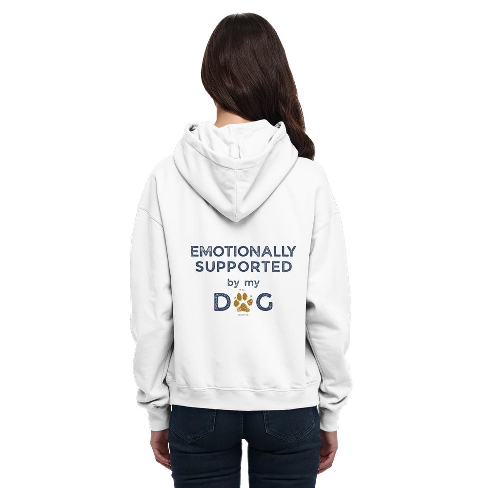 Weißer Hunde Hoodie an Frau mit Emotionally Supported Rückenprint
