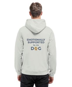 Aschgrauer Hunde Hoodie an Mann mit Emotionally Supported Rückenprint