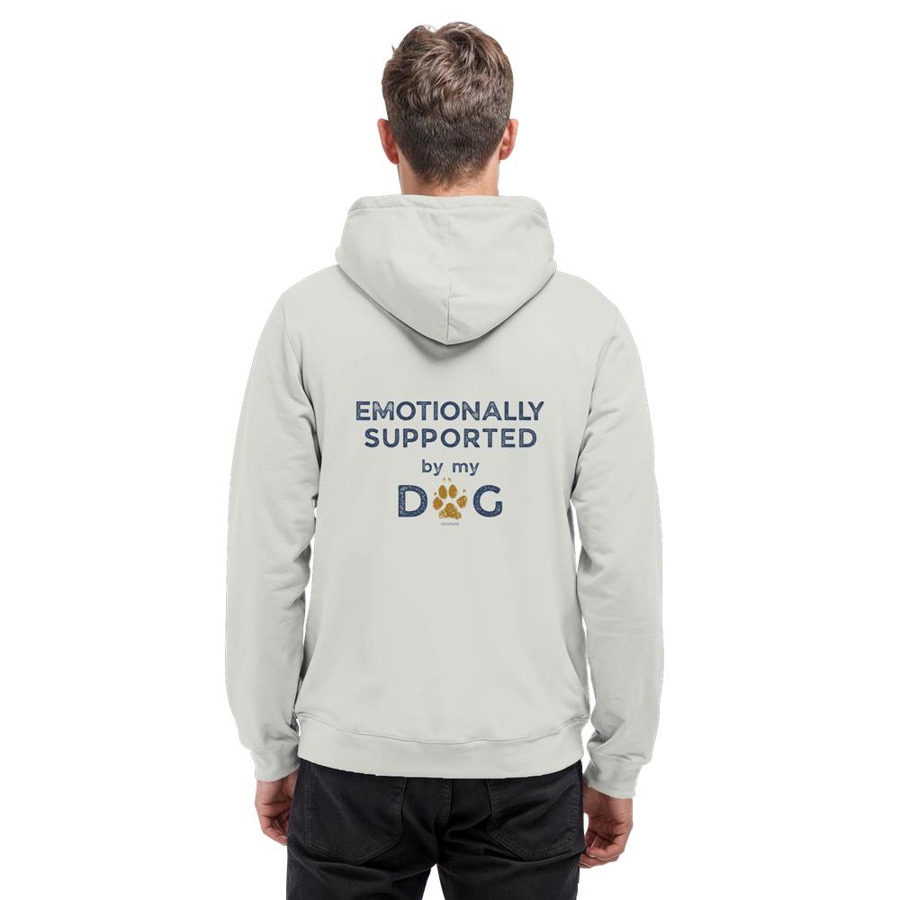 Aschgrauer Hunde Hoodie an Mann mit Emotionally Supported Rückenprint