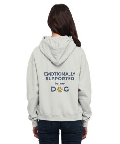 Aschgrauer Hunde Hoodie an Frau mit Emotionally Supported Rückenprint