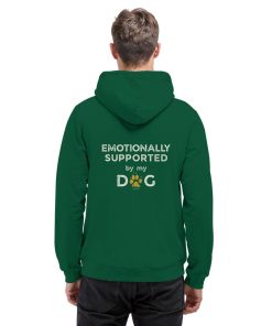 Grüner Hunde Hoodie an Mann mit Emotionally Supported Rückenprint