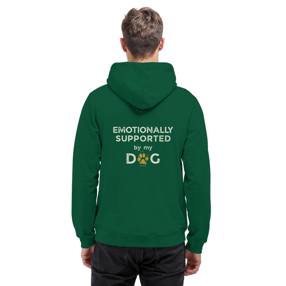 Grüner Hunde Hoodie an Mann mit Emotionally Supported Rückenprint