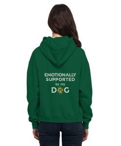 Grüner Hunde Hoodie an Frau mit Emotionally Supported Rückenprint