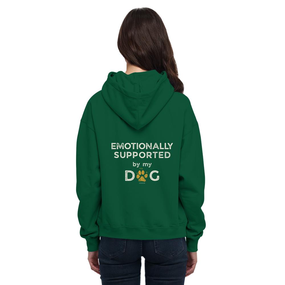 Grüner Hunde Hoodie an Frau mit Emotionally Supported Rückenprint