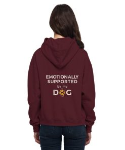Dunkelroter Hunde Hoodie an Frau mit Emotionally Supported Rückenprint