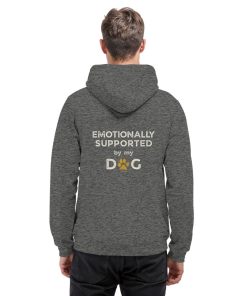 Dunkelgrau melierter Hunde Hoodie an Mann mit Emotionally Supported Rückenprint