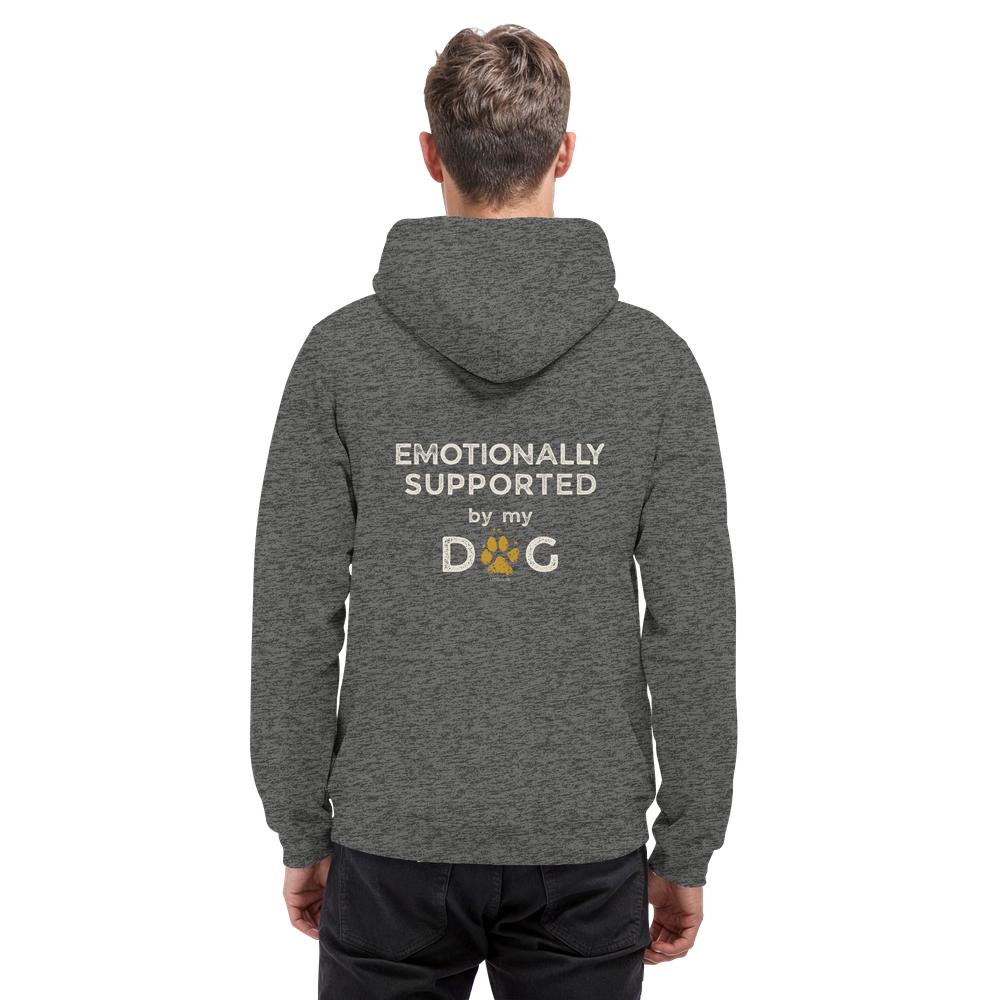 Dunkelgrau melierter Hunde Hoodie an Mann mit Emotionally Supported Rückenprint
