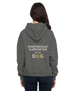 Dunkelgrau melierter Hunde Hoodie an Frau mit Emotionally Supported Rückenprint