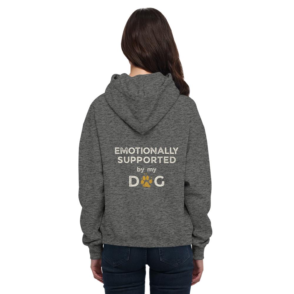 Dunkelgrau melierter Hunde Hoodie an Frau mit Emotionally Supported Rückenprint