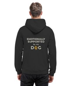Schwarzer Hunde Hoodie an Mann mit Emotionally Supported Rückenprint