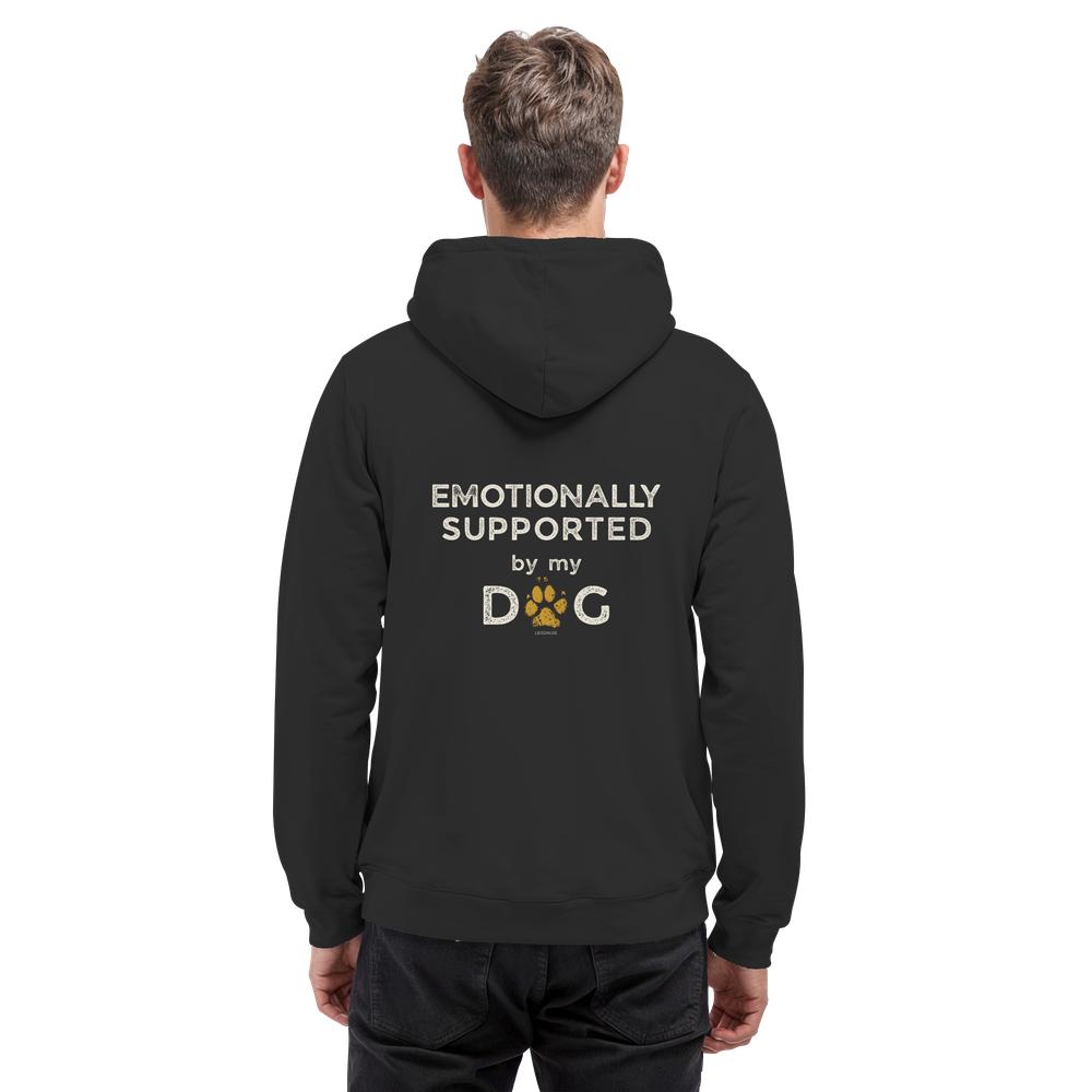 Schwarzer Hunde Hoodie an Mann mit Emotionally Supported Rückenprint