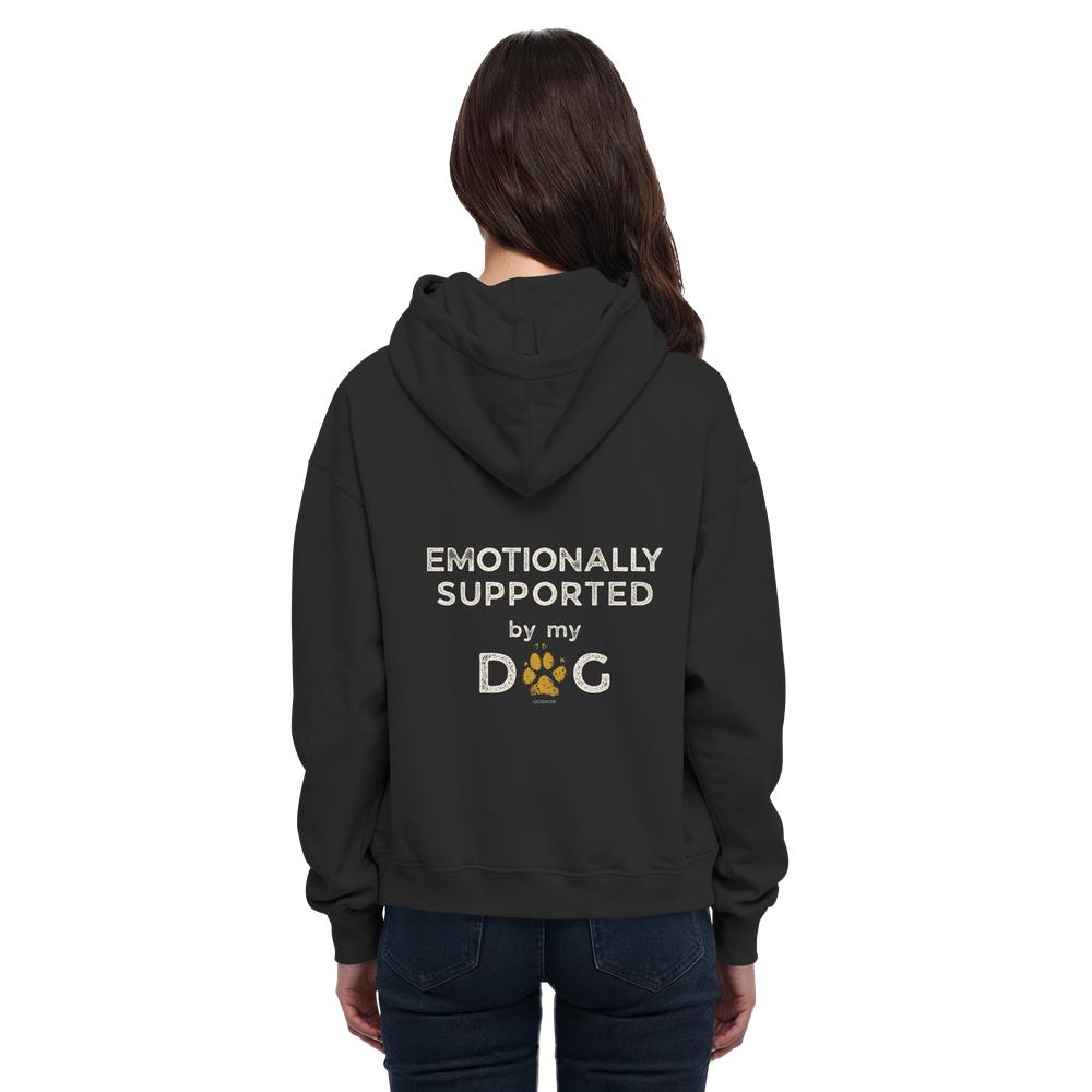 Schwarzer Hunde Hoodie an Frau mit Emotionally Supported Rückenprint