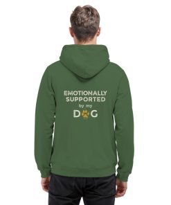 Olivgrüner Hunde Hoodie an Mann mit Emotionally Supported Rückenprint