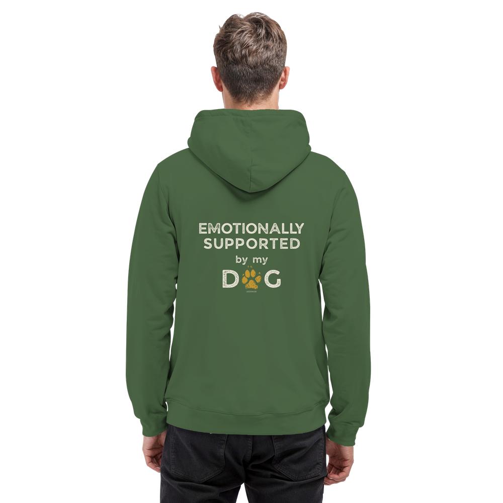 Olivgrüner Hunde Hoodie an Mann mit Emotionally Supported Rückenprint
