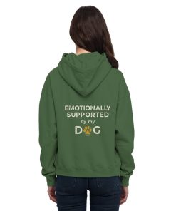 Olivgrüner Hunde Hoodie an Frau mit Emotionally Supported Rückenprint