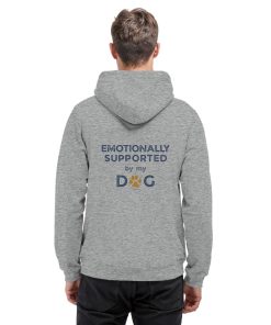 Grau melierter Hunde Hoodie an Mann mit Emotionally Supported Rückenprint