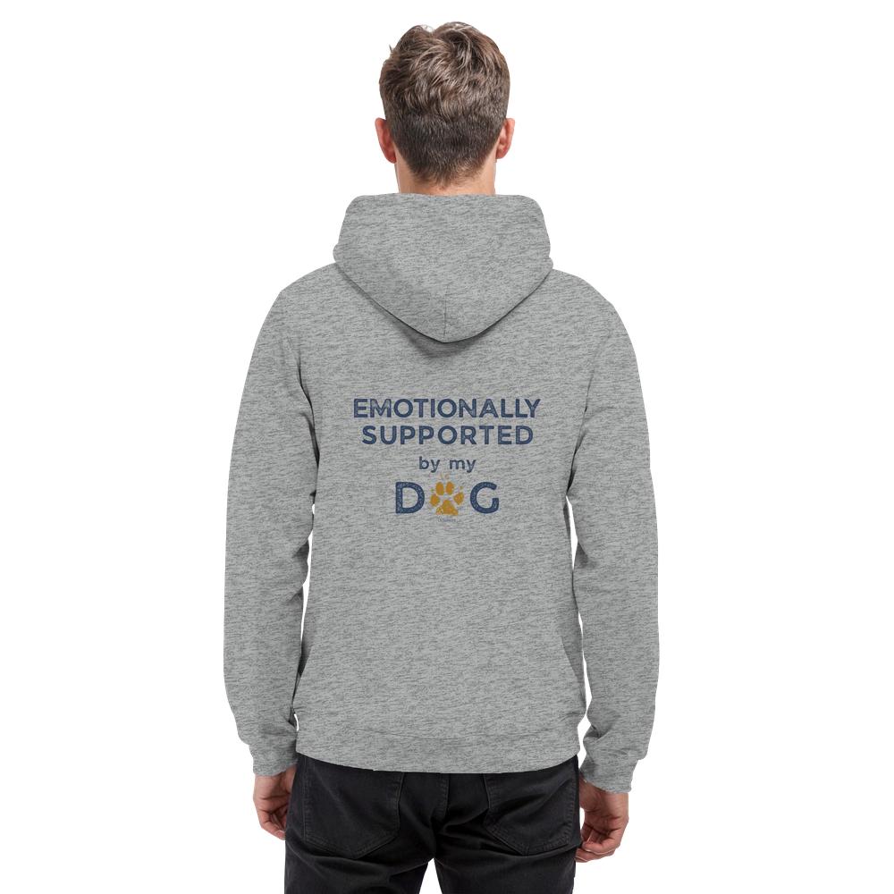 Grau melierter Hunde Hoodie an Mann mit Emotionally Supported Rückenprint
