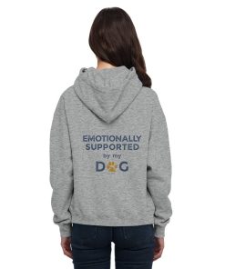 Grau melierter Hunde Hoodie an Frau mit Emotionally Supported Rückenprint
