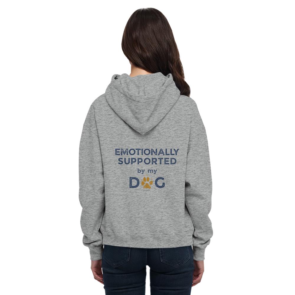 Grau melierter Hunde Hoodie an Frau mit Emotionally Supported Rückenprint