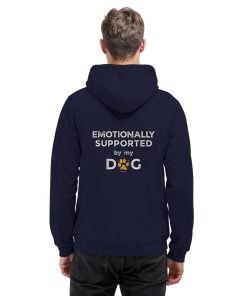 Dunkelblauer Hunde Hoodie an Mann mit Emotionally Supported Rückenprint