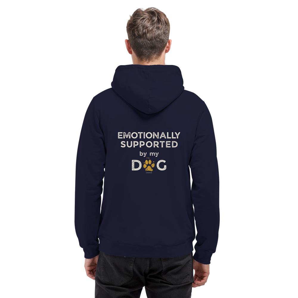 Dunkelblauer Hunde Hoodie an Mann mit Emotionally Supported Rückenprint