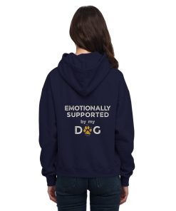 Dunkelblauer Hunde Hoodie an Frau mit Emotionally Supported Rückenprint