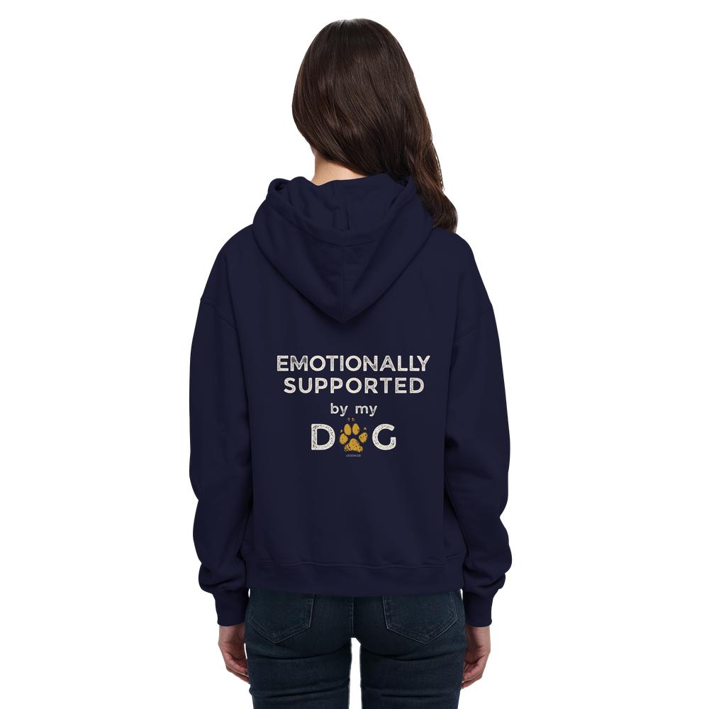 Dunkelblauer Hunde Hoodie an Frau mit Emotionally Supported Rückenprint