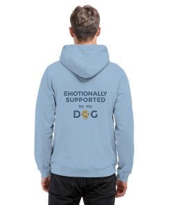 Himmelblauer Hunde Hoodie an Mann mit Emotionally Supported Rückenprint