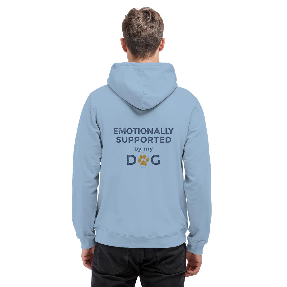 Himmelblauer Hunde Hoodie an Mann mit Emotionally Supported Rückenprint