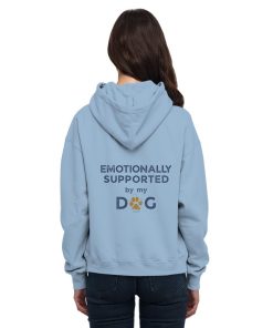 Himmelblauer Hunde Hoodie an Frau mit Emotionally Supported Rückenprint