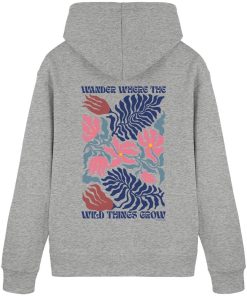 Grauer Nature Hoodie mit großem Blumenprint auf dem Rücken